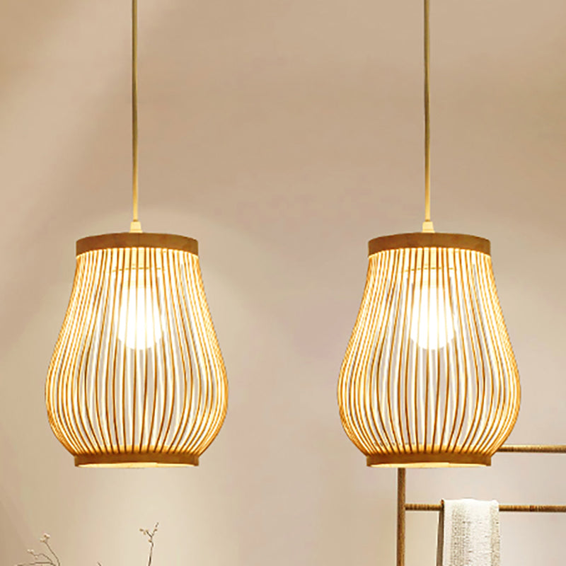Bambus gewebter Schatten Anhänger Deckenleichter Asiatischer Stil 1 Glühbirne Beige Hanging Lampe, 7 "/8" breit