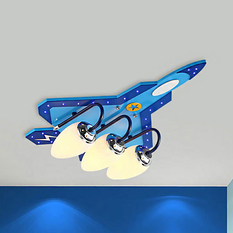 Kid Bedroom Fighter Plane Flush Mount Ceiling Light Metal 4 Bulbs Cartoon Blue Ceiling Light