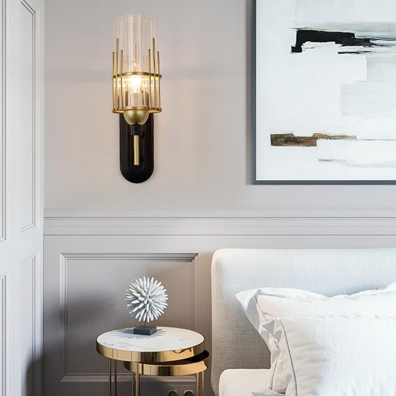 Black Armed Sconce Traditionary Metal 1 Head Wall Mounted Lighting with Clear Glass Cylinder Shade for Bedside