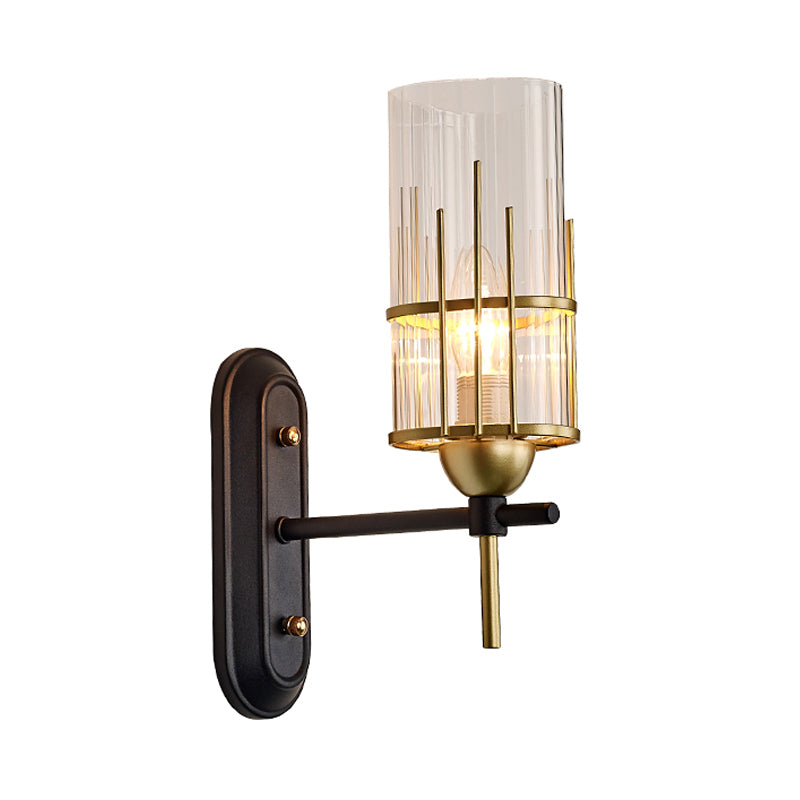 Black Armed Sconce Traditionary Metal 1 Head Wall Mounted Lighting with Clear Glass Cylinder Shade for Bedside