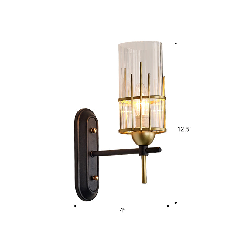 Black Armed Sconce Traditionary Metal 1 Head Wall Mounted Lighting with Clear Glass Cylinder Shade for Bedside