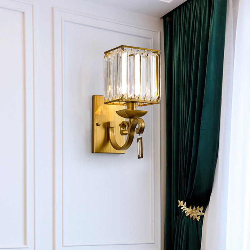 Traditional Armed Sconce Metal 1 Bulb Wall Mounted Light Fixture in Gold with Square Ribbed Glass Shade