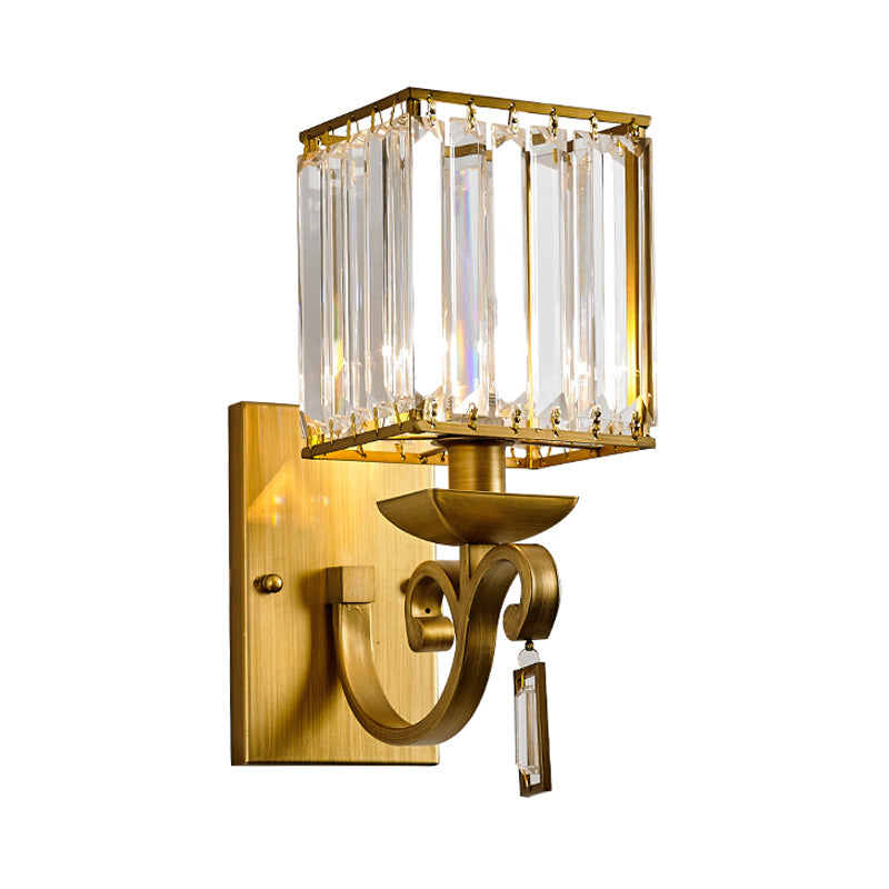Traditional Armed Sconce Metal 1 Bulb Wall Mounted Light Fixture in Gold with Square Ribbed Glass Shade