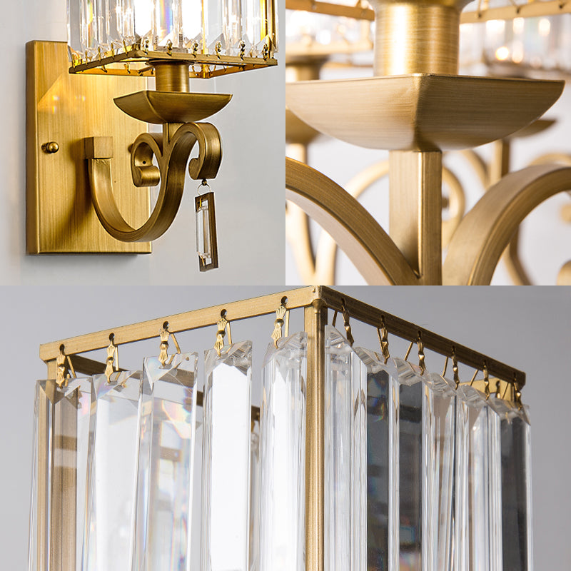 Traditional Armed Sconce Metal 1 Bulb Wall Mounted Light Fixture in Gold with Square Ribbed Glass Shade