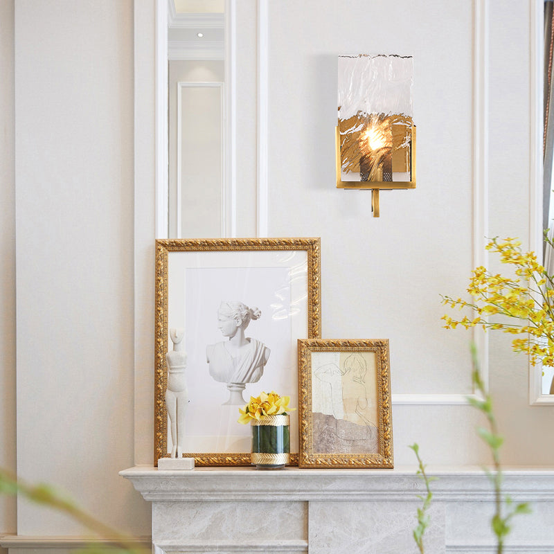 Brass Armed Wall Lighting Traditionary Metal 1 Bulb Sconce Light Fixture with Rectangle Crystal