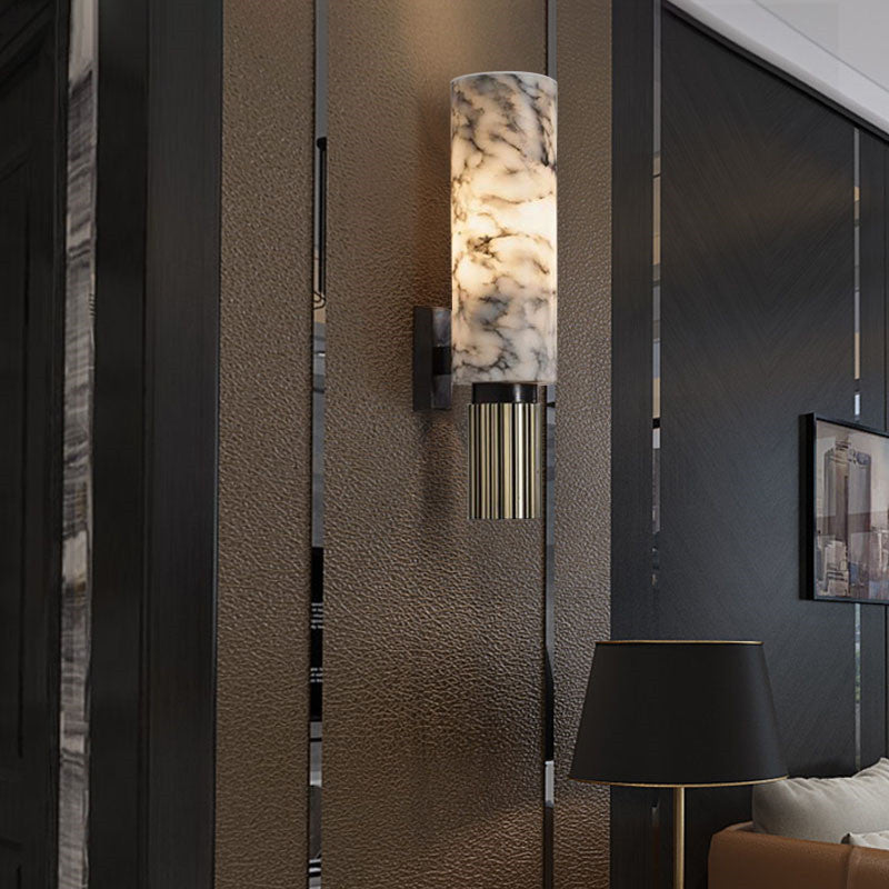 Cylinder Metal Sconce Light Traditional 1 Head Nickel Wall Lighting Fixture with Marble Shade