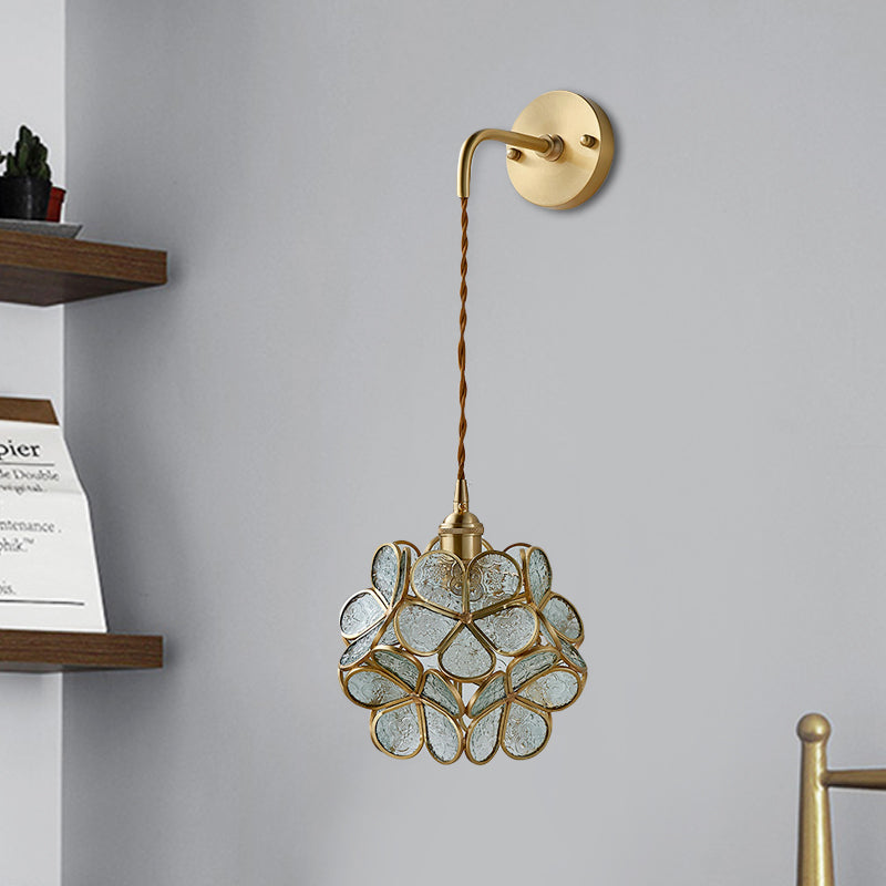 1 Bulb Bedroom Sconce Lamp Tradition Wall Lighting Fixture with Flower White/Pink/Blue Glass Shade