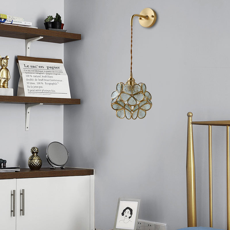 1 Bulb Bedroom Sconce Lamp Tradition Wall Lighting Fixture with Flower White/Pink/Blue Glass Shade