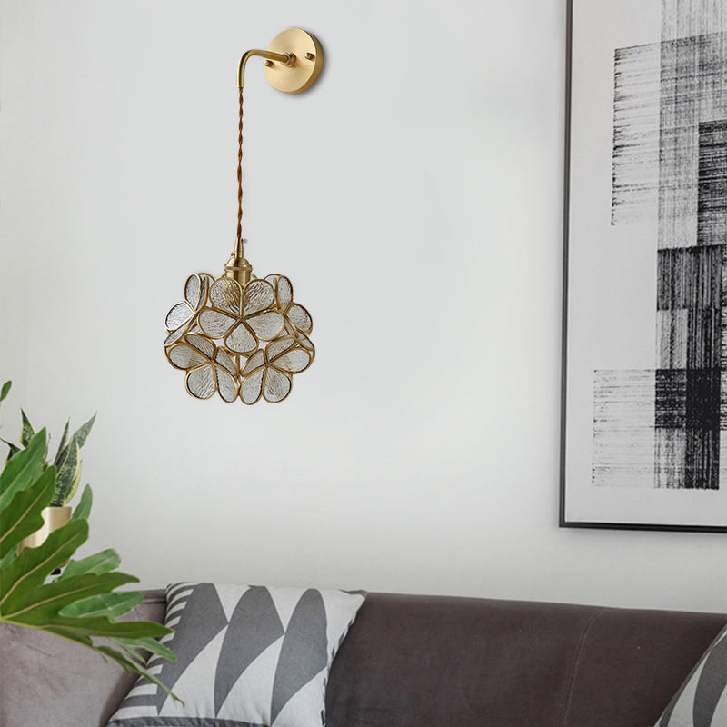 1 Bulb Bedroom Sconce Lamp Tradition Wall Lighting Fixture with Flower White/Pink/Blue Glass Shade