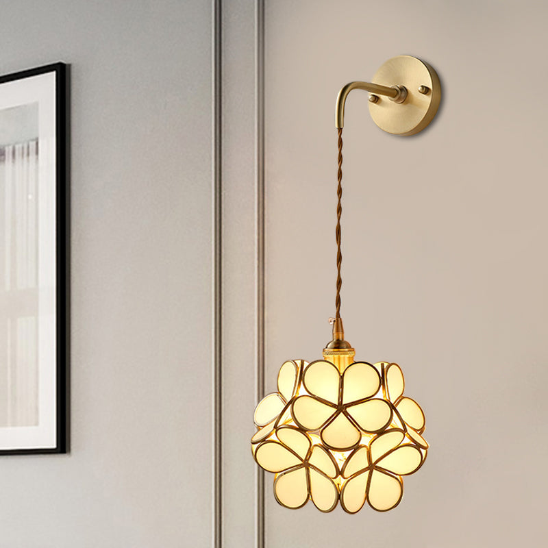 1 Bulb Bedroom Sconce Lamp Tradition Wall Lighting Fixture with Flower White/Pink/Blue Glass Shade