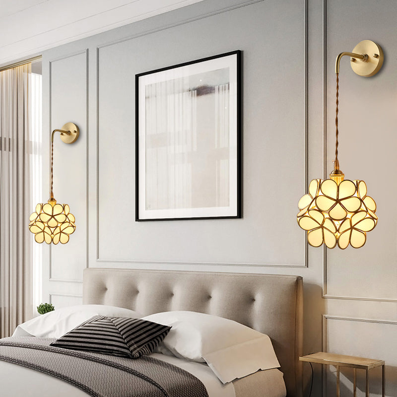 1 Bulb Bedroom Sconce Lamp Tradition Wall Lighting Fixture with Flower White/Pink/Blue Glass Shade
