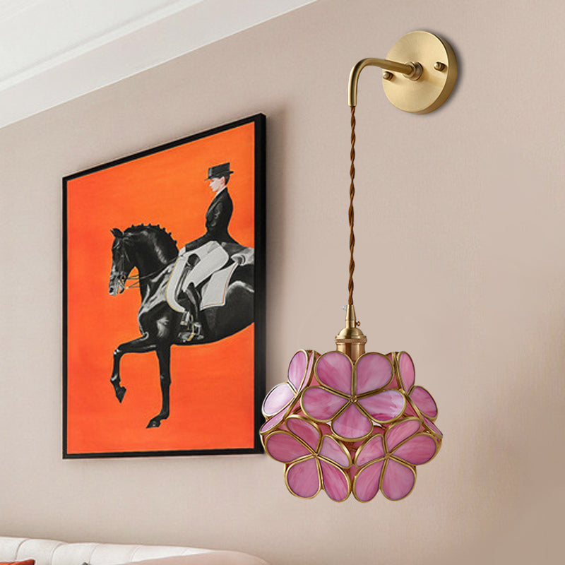 1 Bulb Bedroom Sconce Lamp Tradition Wall Lighting Fixture with Flower White/Pink/Blue Glass Shade
