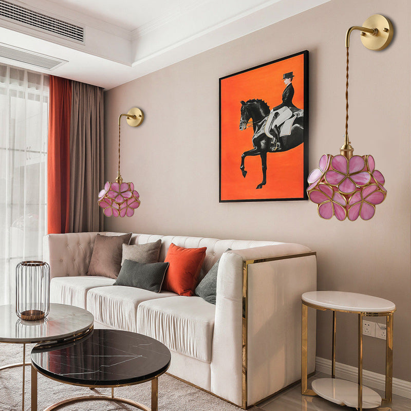 1 Bulb Bedroom Sconce Lamp Tradition Wall Lighting Fixture with Flower White/Pink/Blue Glass Shade