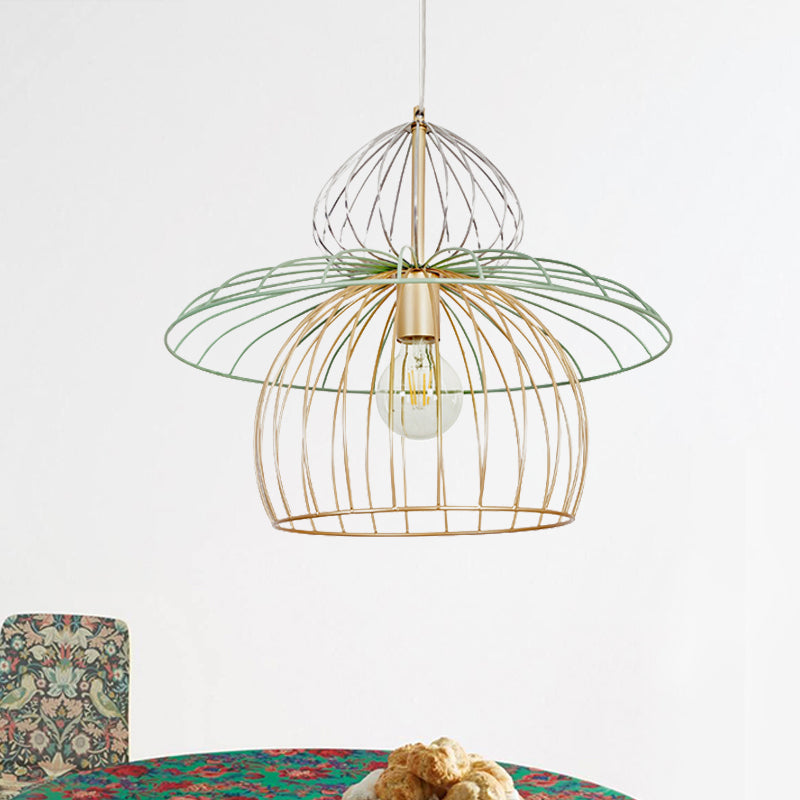 Iluminación colgante de jaula de alambre de metal Nordic Estilo simple 1 Luz de suspensión de oro ligero para comedor