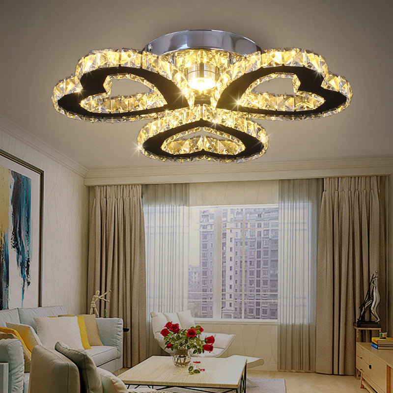 Stainless Steel Heart Shaped Semi Flush Minimalist Crystal LED Ceiling Light for Bedroom