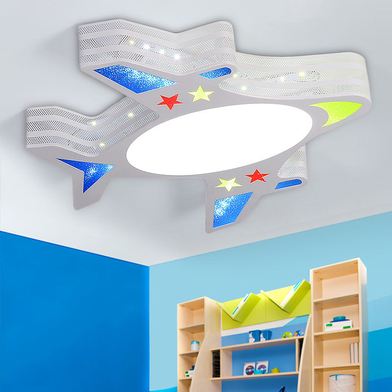 Metal Aircraft Flush Mount Lighting Kids LED Grey Ceiling Fixture with Star Cutouts for Bedroom