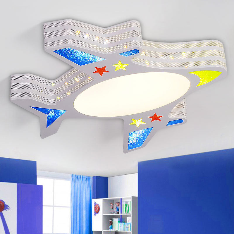 Metal Aircraft Flush Mount Lighting Kids LED Grey Ceiling Fixture with Star Cutouts for Bedroom