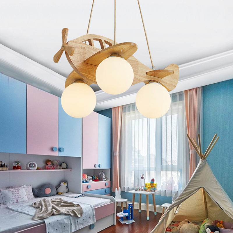 Cartoon 3-Light Chandelier Beige Helicopter Pendant Lighting with Ball White Glass Shade