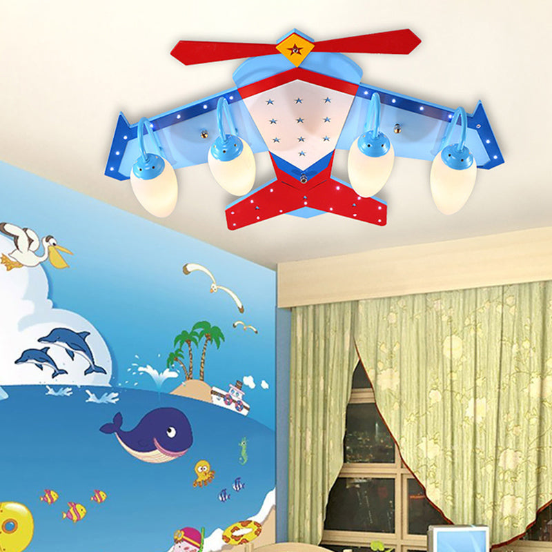 Wooden Plane Flush Ceiling Light Kids Blue Flush Mount Fixture with Oval Cream Glass Shade