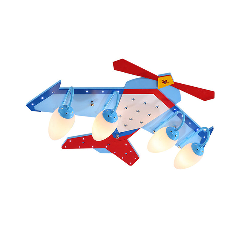 Wooden Plane Flush Ceiling Light Kids Blue Flush Mount Fixture with Oval Cream Glass Shade