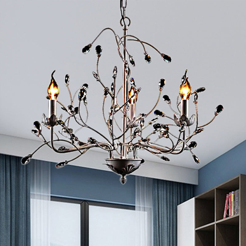 White Twig Pendant Light 3-Light Creative Metal Chandelier with Crystal Bud for Kindergarten