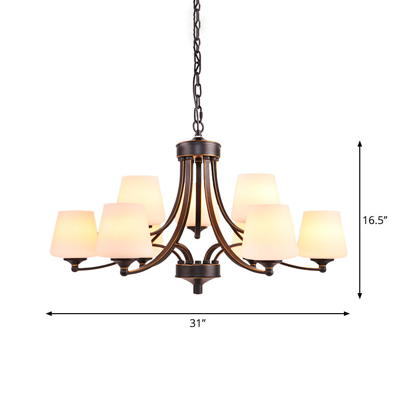 Conical Up Chandelier Rustic Gold-Black Ivory Glass Hanging Light for Living Room