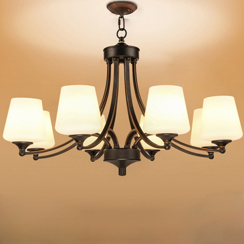 Conical Up Chandelier Rustic Gold-Black Ivory Glass Hanging Light for Living Room