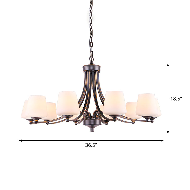 Conical Up Chandelier Rustic Gold-Black Ivory Glass Hanging Light for Living Room