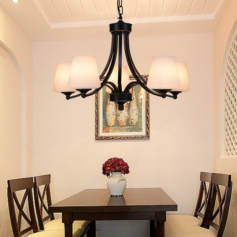 Conical Up Chandelier Rustic Gold-Black Ivory Glass Hanging Light for Living Room
