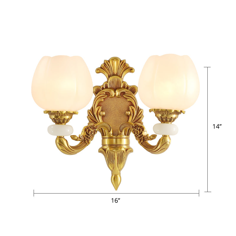 Flower Shaped Foyer Wall Lamp Traditional Opal Glass Bronze Finish Wall Mounted Light
