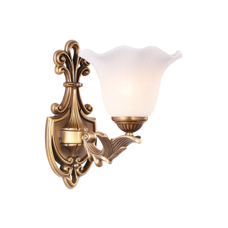 Flower Shaped Foyer Wall Lamp Traditional Opal Glass Bronze Finish Wall Mounted Light