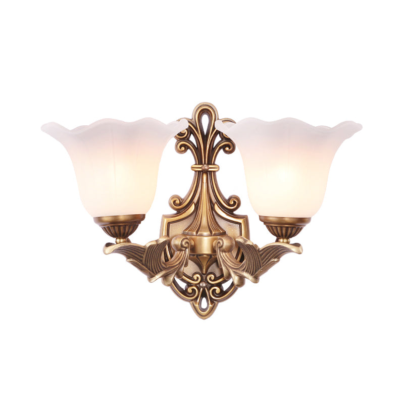 Flower Shaped Foyer Wall Lamp Traditional Opal Glass Bronze Finish Wall Mounted Light