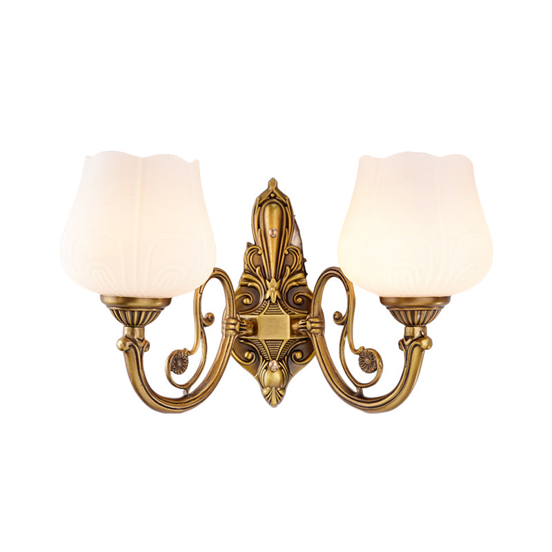 Flower Shaped Foyer Wall Lamp Traditional Opal Glass Bronze Finish Wall Mounted Light