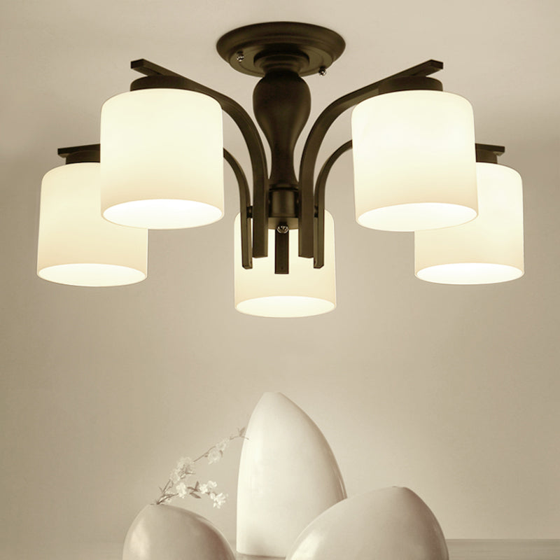Semi Flush Mount Chandelier Country Living Room Ceiling Light with Cylindrical Milk Glass Shade in Black