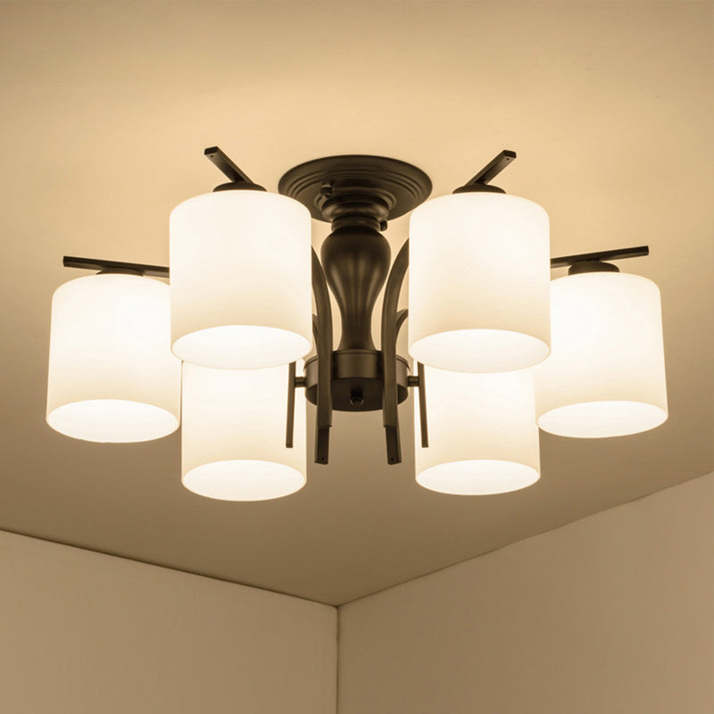 Semi Flush Mount Chandelier Country Living Room Ceiling Light with Cylindrical Milk Glass Shade in Black