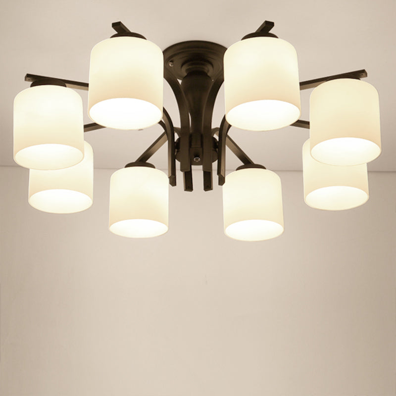 Semi Flush Mount Chandelier Country Living Room Ceiling Light with Cylindrical Milk Glass Shade in Black