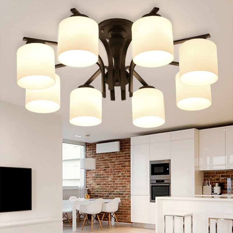 Semi Flush Mount Chandelier Country Living Room Ceiling Light with Cylindrical Milk Glass Shade in Black