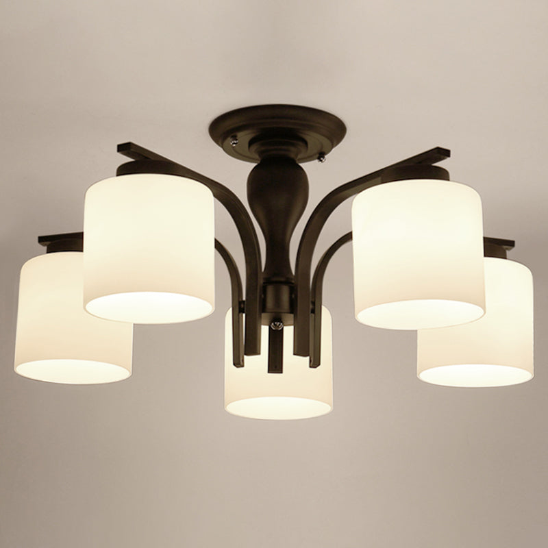 Semi Flush Mount Chandelier Country Living Room Ceiling Light with Cylindrical Milk Glass Shade in Black