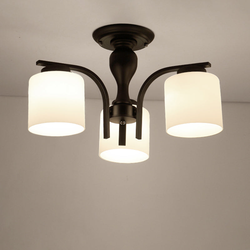 Semi Flush Mount Chandelier Country Living Room Ceiling Light with Cylindrical Milk Glass Shade in Black