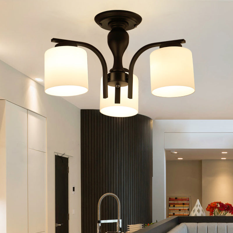 Semi Flush Mount Chandelier Country Living Room Ceiling Light with Cylindrical Milk Glass Shade in Black