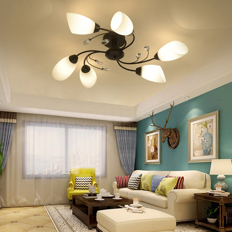 Floral Swirl Ceiling Light Fixture Rustic Black Opal Glass Semi Flush Light for Living Room
