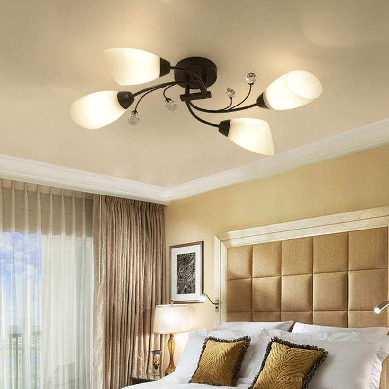 Floral Swirl Ceiling Light Fixture Rustic Black Opal Glass Semi Flush Light for Living Room