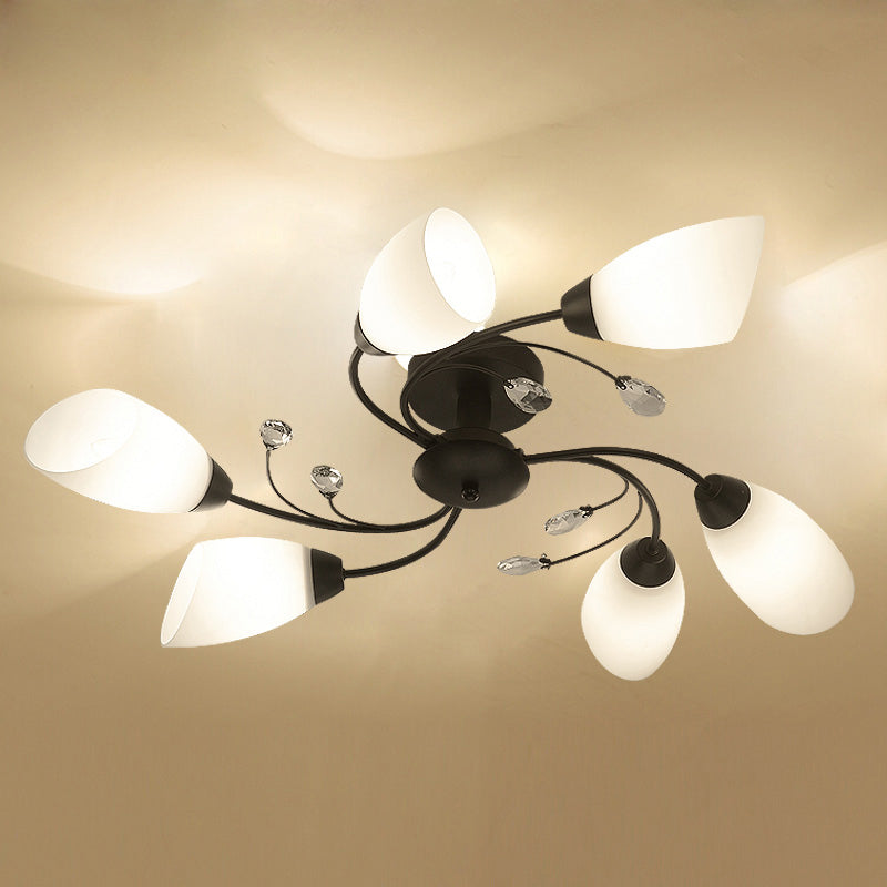 Floral Swirl Ceiling Light Fixture Rustic Black Opal Glass Semi Flush Light for Living Room