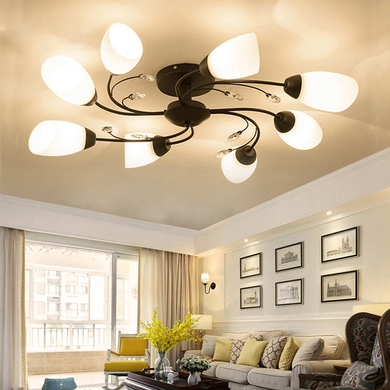 Floral Swirl Ceiling Light Fixture Rustic Black Opal Glass Semi Flush Light for Living Room