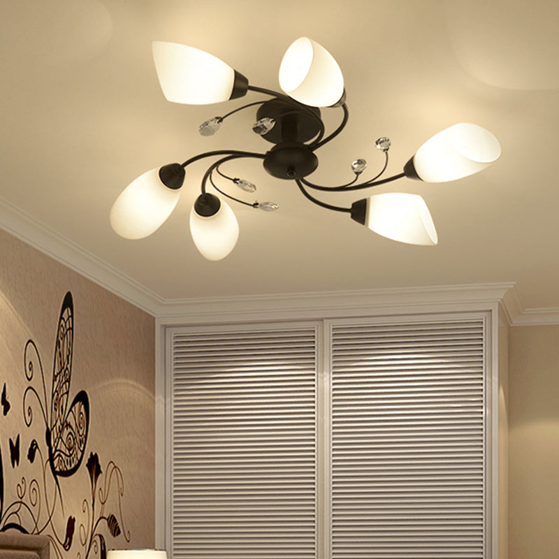 Floral Swirl Ceiling Light Fixture Rustic Black Opal Glass Semi Flush Light for Living Room
