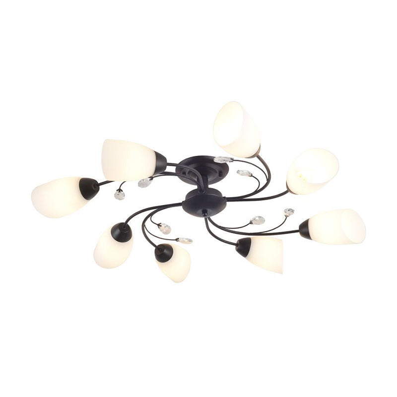 Floral Swirl Ceiling Light Fixture Rustic Black Opal Glass Semi Flush Light for Living Room