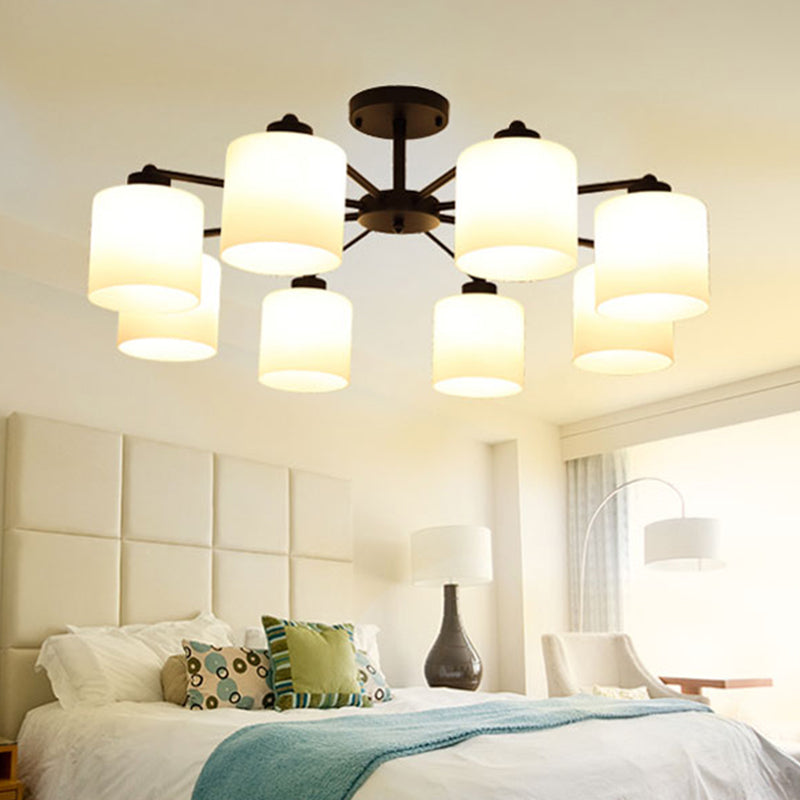 Cylinder Shaped Bedroom Ceiling Lighting Rustic Opal Glass Black Finish Chandelier Light