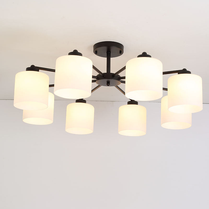 Cylinder Shaped Bedroom Ceiling Lighting Rustic Opal Glass Black Finish Chandelier Light