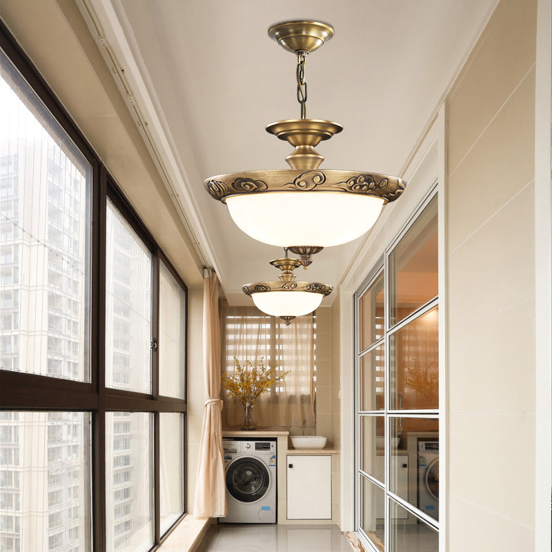 Bronze Bowl Suspension Light Antique Style White Glass Corridor Chandelier Pendant