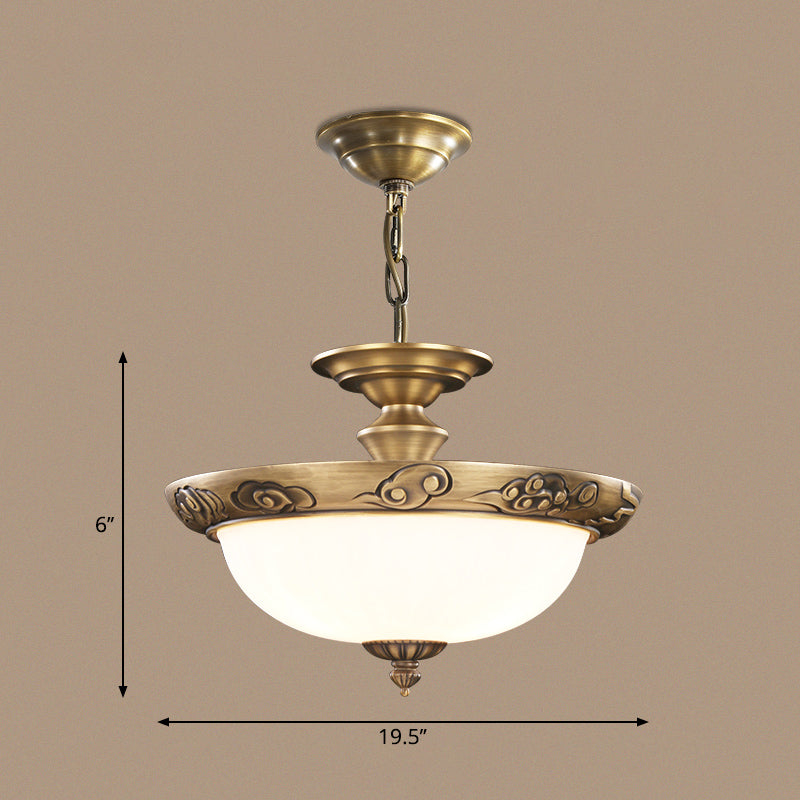 Bronze Bowl Suspension Light Antique Style White Glass Corridor Chandelier Pendant